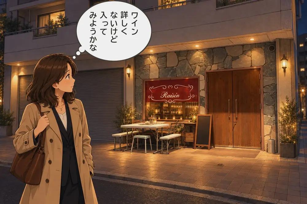 夜、マンションの1階にあるRaisinの前で、仕事帰りの女性が「ワイン、詳しくないけど、入ってみようかな」と立ち止まる