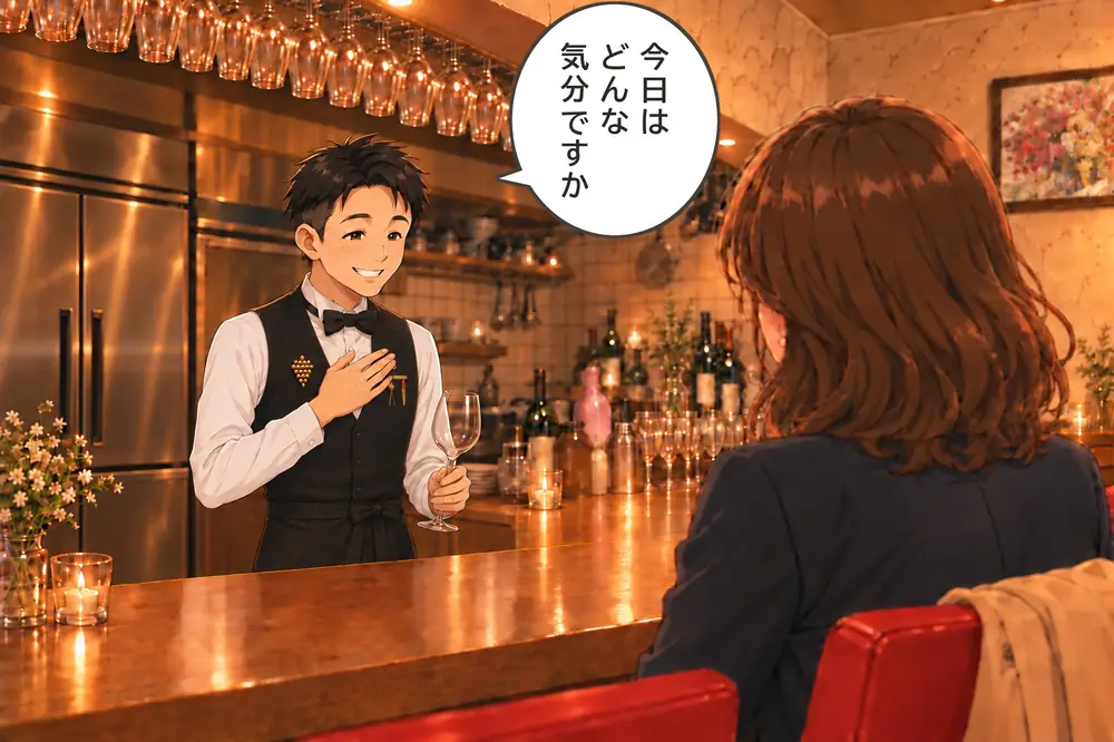 あきがカウンター越しに「今日はどんな気分ですか」と問いかける