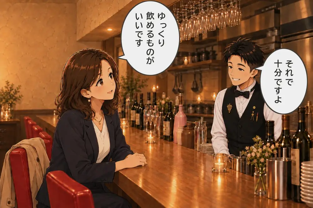 女性が「ゆっくり飲めるものがいいです」と答え、あきが「それで十分ですよ」とうなずく