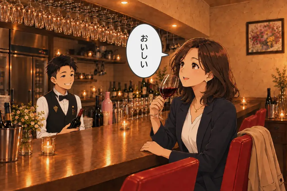 あきが注いだ赤ワインをひと口飲み、女性が「おいしい」とほほえむ